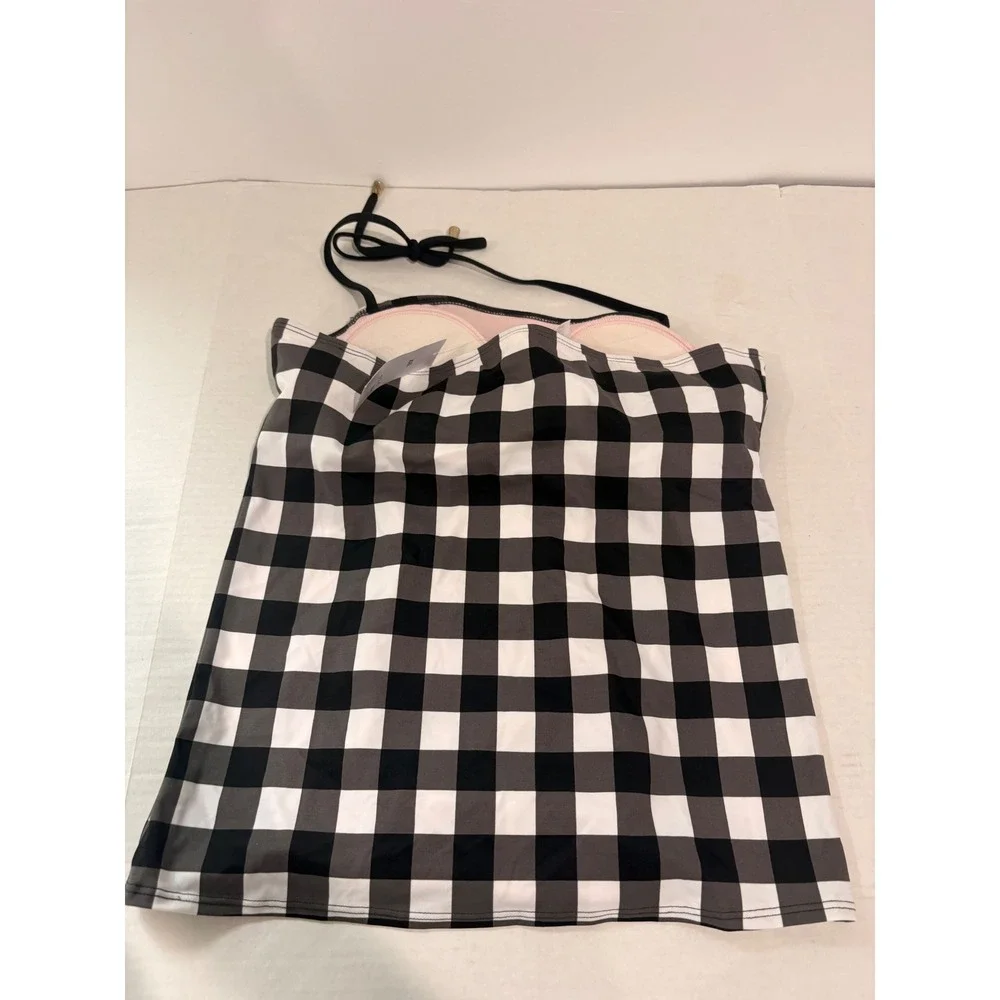 Lime Ricki Black White Buffalo Plaid Ruched Tankini Swim Top XXL NEW